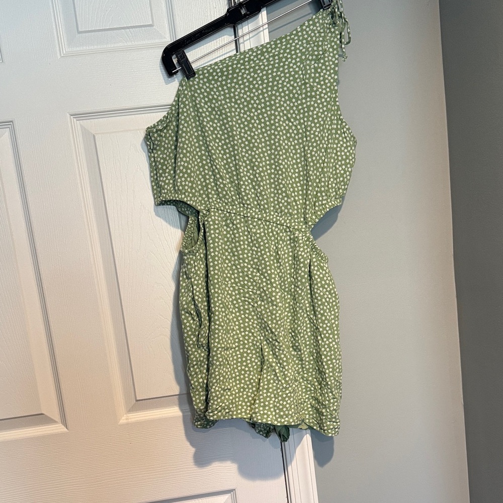 American Eagle Outfitters Olive Polka Dot One-Shoulder Romper